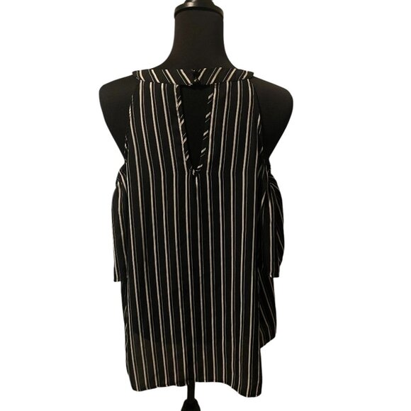 BLACK & WHITE STRIPE COLD SHOULDER BLOUSE - Picture 2 of 3